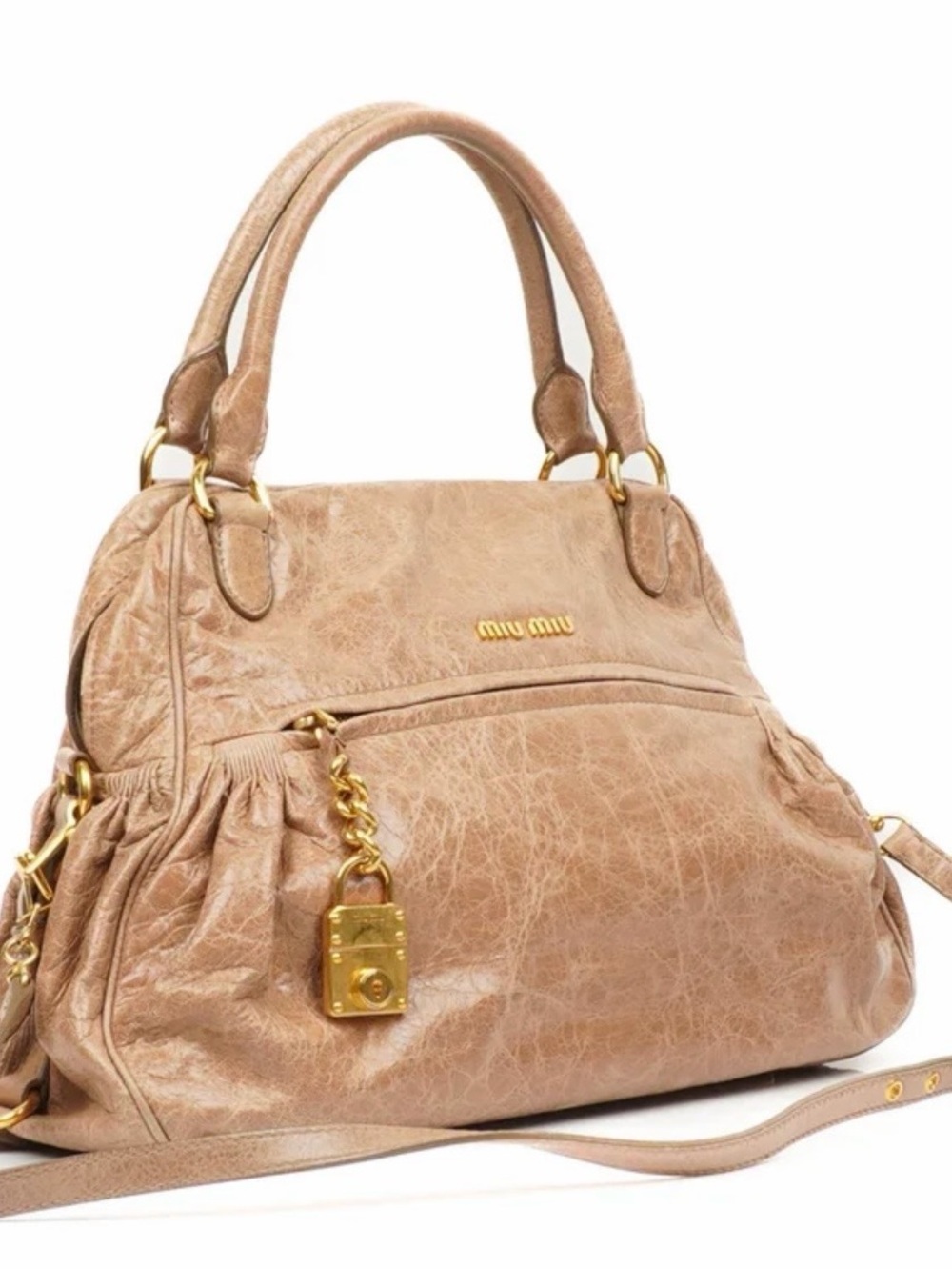 Miu Miu Taupe-Beige Leather Satchel with Gold Hardware